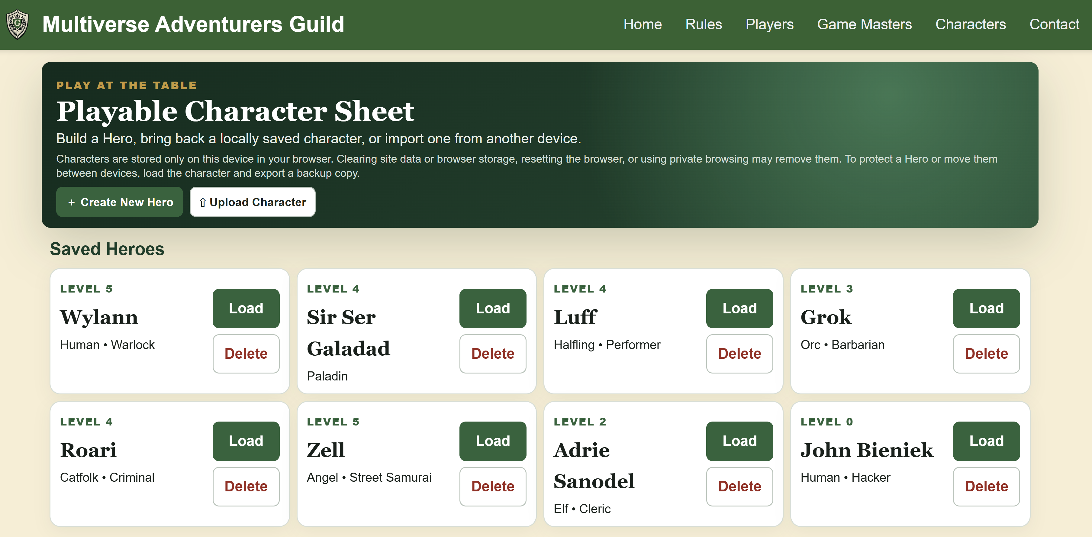 Playable character sheet library on a desktop display