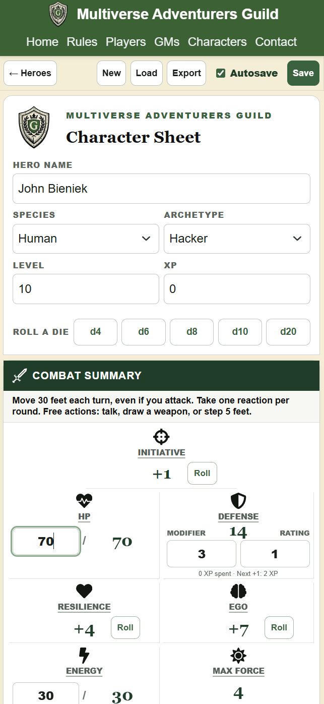 Playable character sheet library on mobile