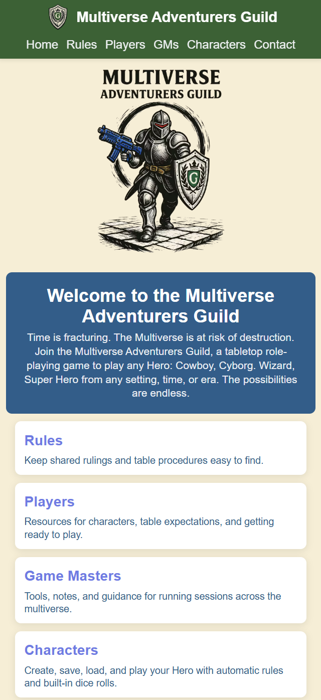 Multiverse Adventurers Guild home page on mobile
