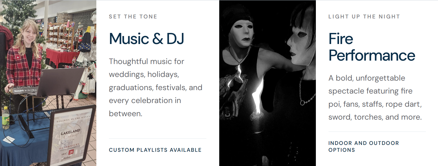 Lakeland Cabaret website sections for music, DJ, and fire performance services