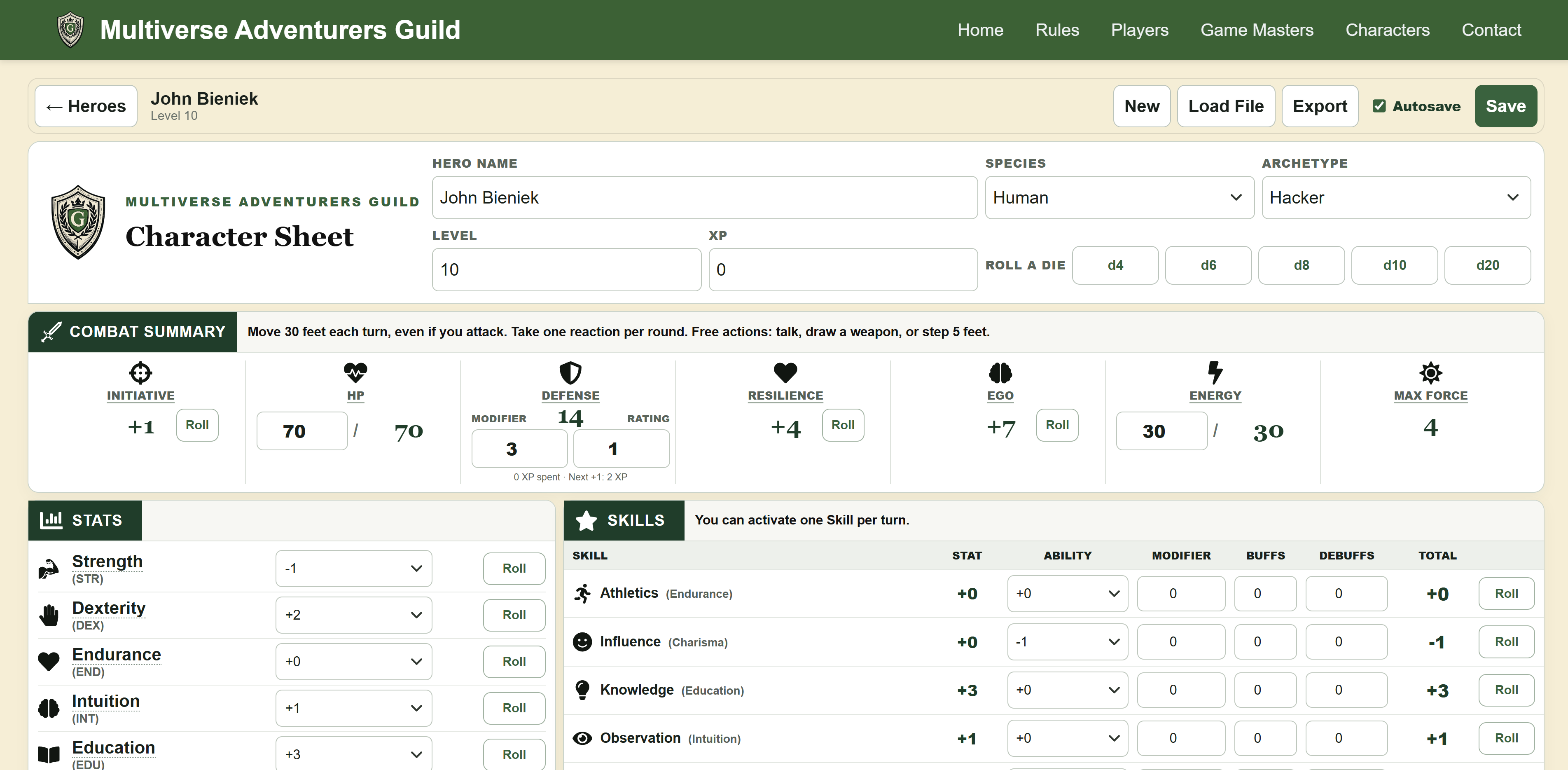 Multiverse Adventurers Guild playable character sheet