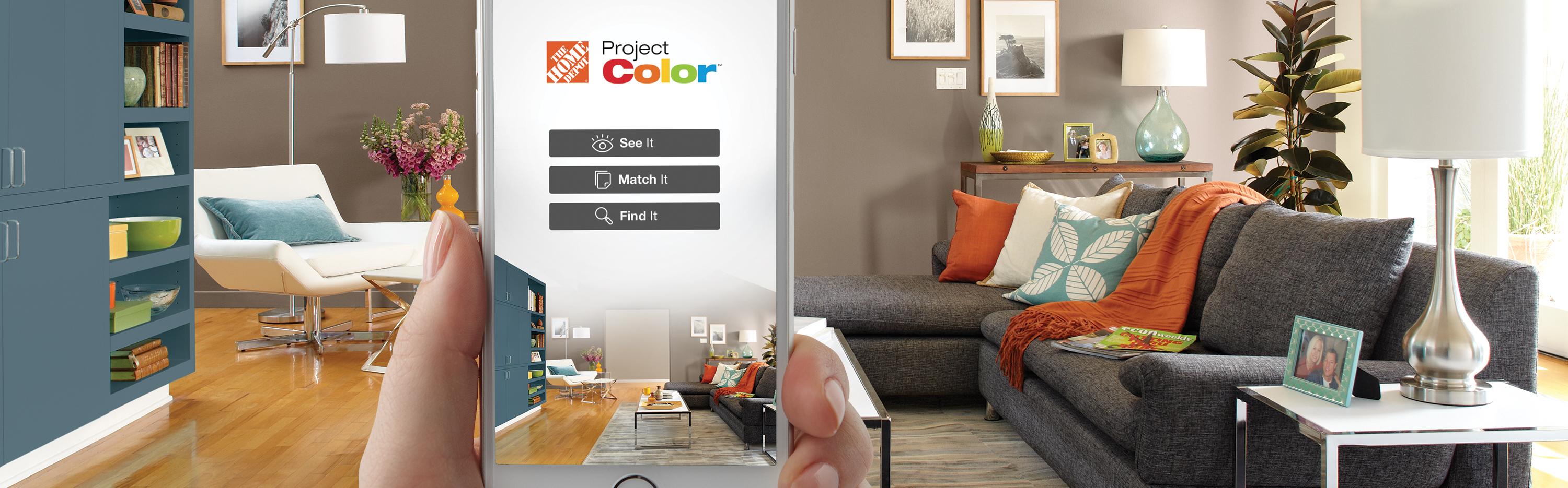 The Home Depot Project Color experience on a phone in a painted room