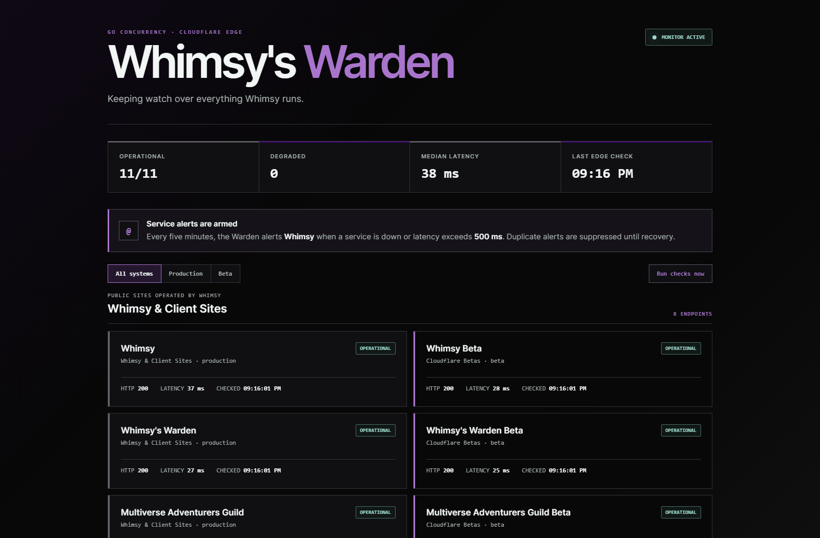 Whimsy Warden dashboard showing healthy services, latency, and alert status