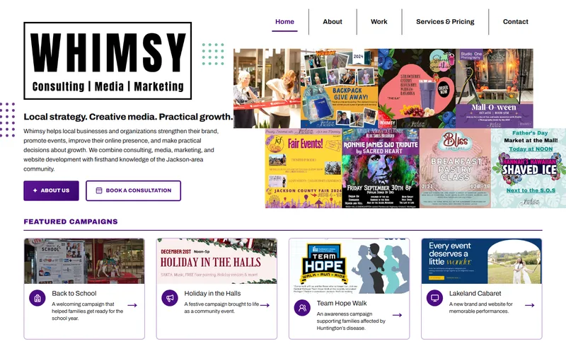 Whimsy website with a colorful collage of campaigns, community events, and creative work
